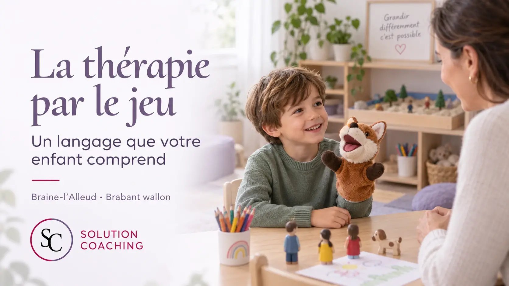 Enfant en séance de thérapie par le jeu et thérapie du jeu de sable à Braine-L'Alleud